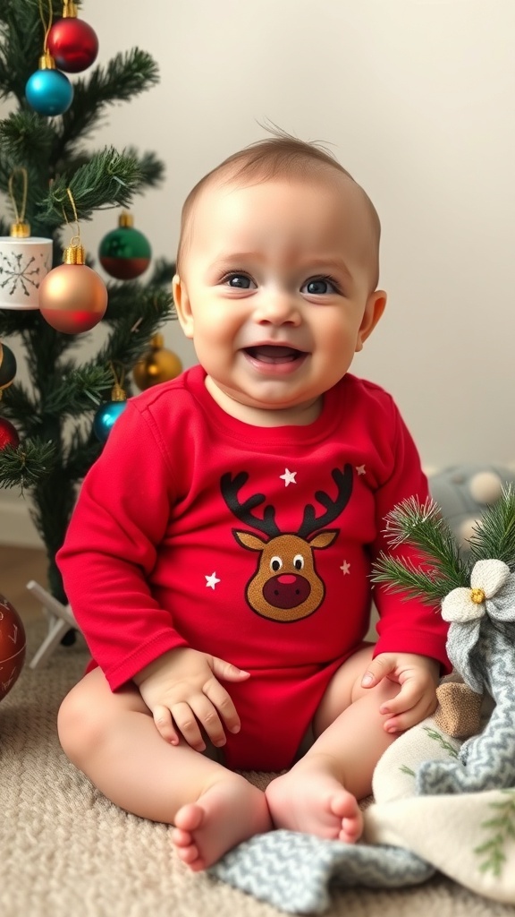 A happy baby in a red reindeer onesie next to a Christmas tree.